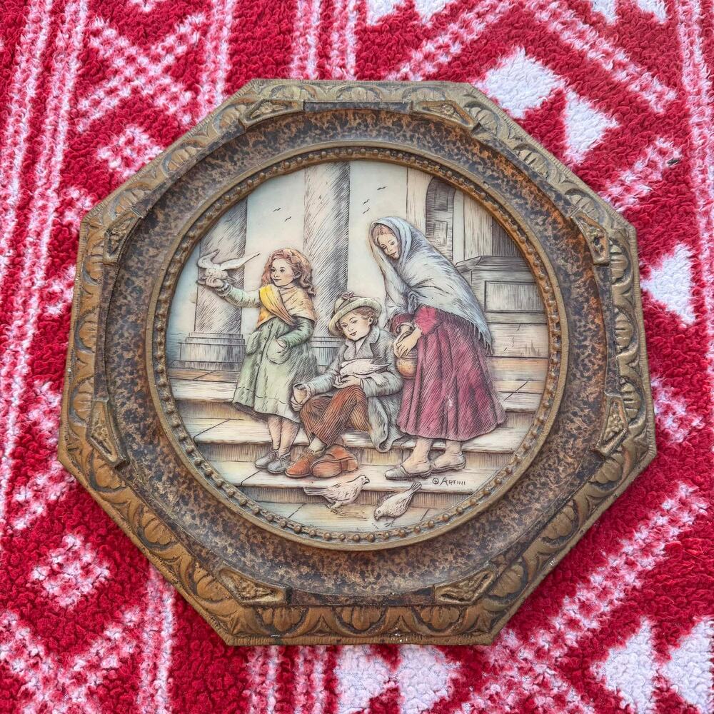 Vintage Artini 4-D Twin Etched Hand Painted Engraving #8000 Wood Octagon Frame